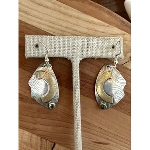 Vintage Artisan Hook Earrings Green Peridot Cabs Brass 925 Sterling 6.7g‎ Signed